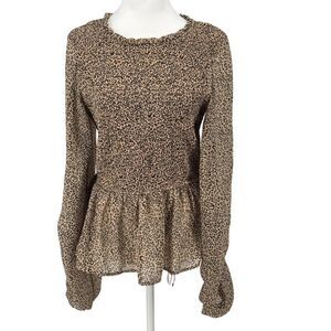 Entro Women’s Smocked Leopard Print Blouse Peplum Long Sleeve Top Size M EUC